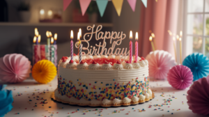 Insights 1 A realistic AI-generated birthday cake with festive decorations generated using AI ideogram.ai