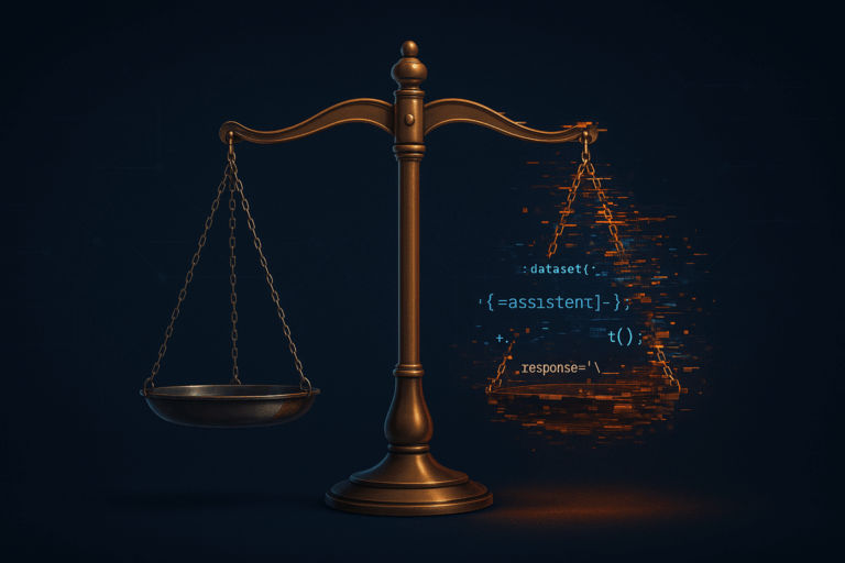 llustration of a metallic balance scale showing AI bias in decision making—one pan stable and traditional, the other pixelated with digital code artifacts—symbolizing the risks of AI prompt bias in business strategy. Highlights emphasize AI distortion and its impact on accurate decision making in business.