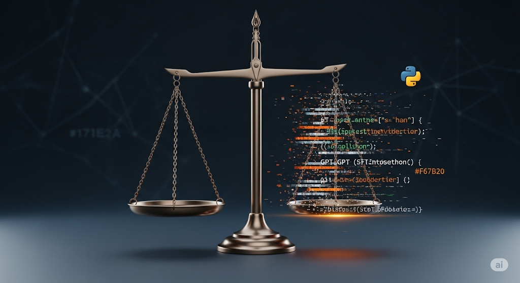 Elegant balance scales illustrating AI bias in executive decision-making, with a traditional pan representing fairness and a glitch-pixelated pan with AI code showing manipulation, against a dark, professional background.