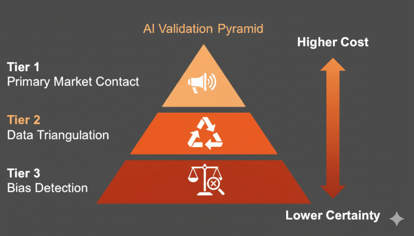 AI validation framework showing three tiers: Primary Market Contact (85-95% confidence), Data Triangulation (65-80% confidence), and Bias Detection (40-60% confidence) for validating AI-generated strategic recommendations