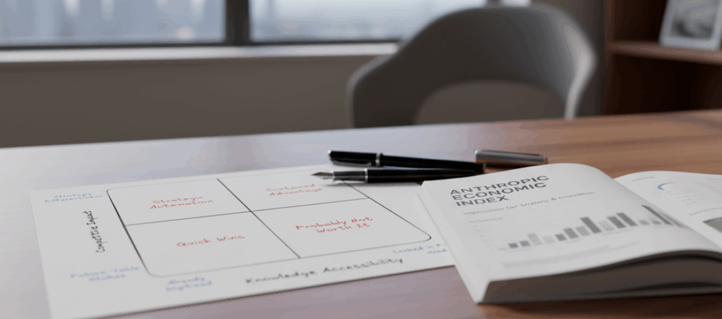 A strategic matrix framework (Competitive Impact vs. Knowledge Accessibility) hand-drawn on paper, lying next to the "Anthropic Economic Index" report on a professional wooden desk with pens, set against a blurred city office backdrop.