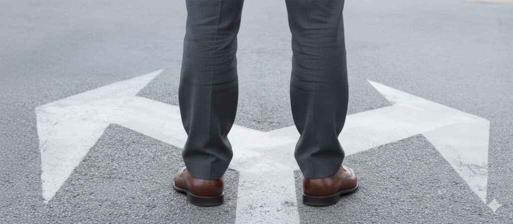 How do you know that AI isn't gaslighting you? The importance of validation 1 Executive standing at crossroads with directional arrows painted on road making strategic business decision